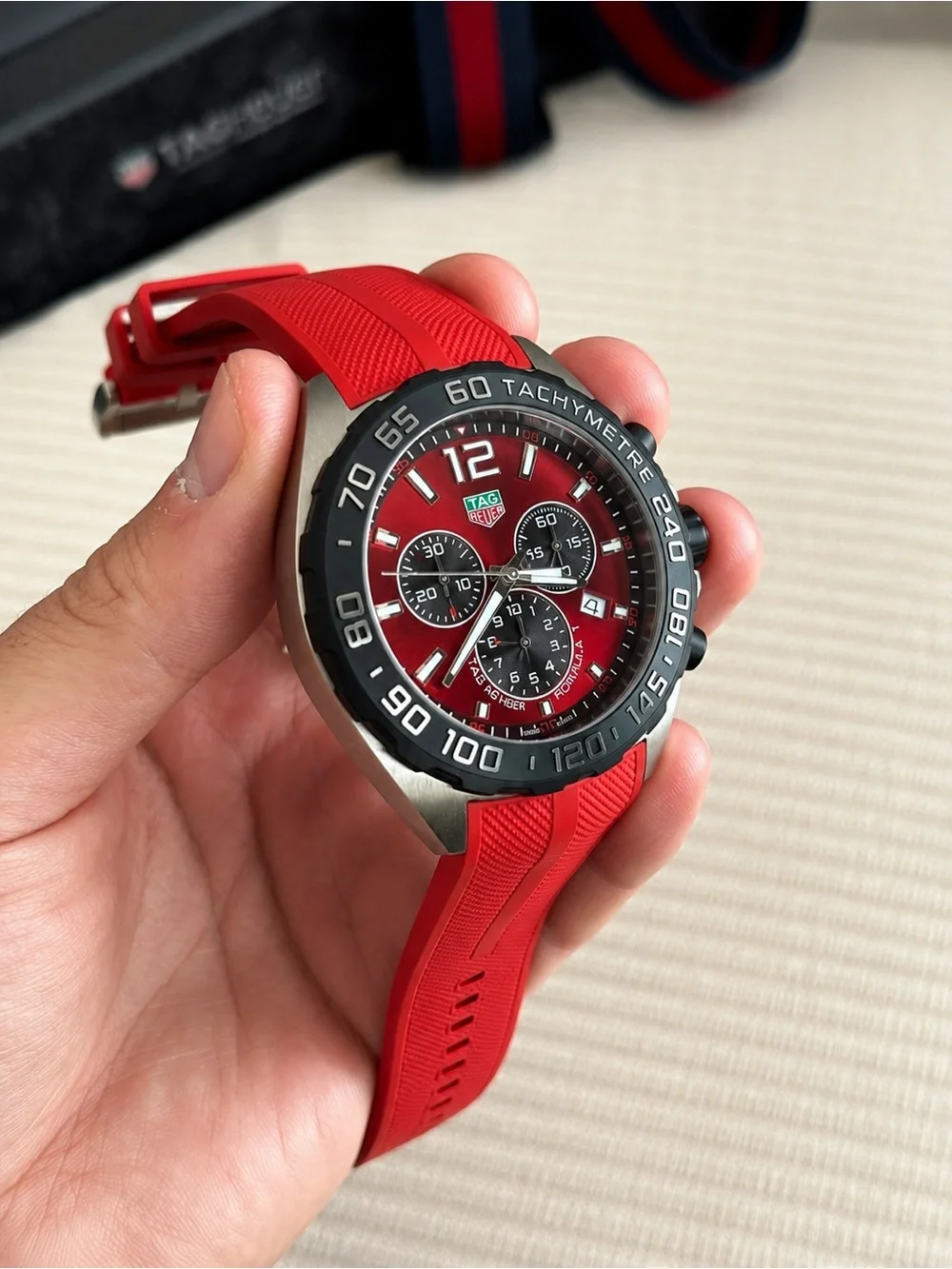 Tag Heuer Red Dial Chronograph with Black Tachymeter Bezel